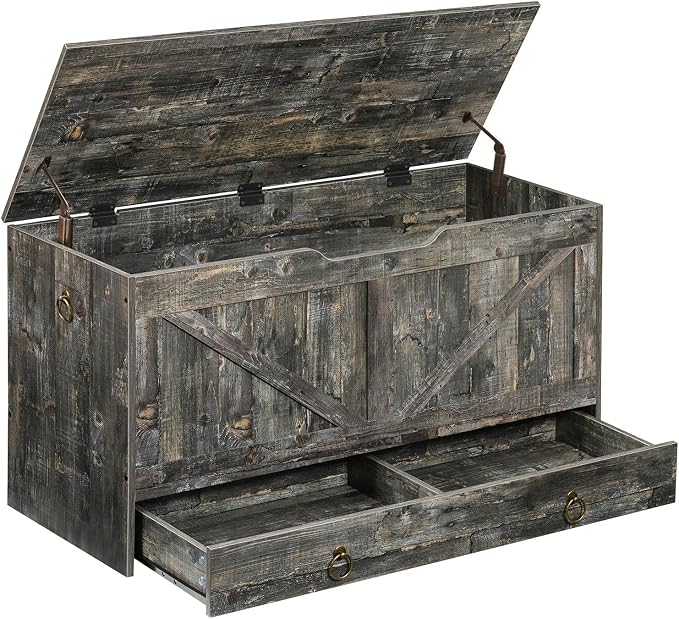 HOOBRO Storage Chest, 39.3" Toy Chest with Drawer, Wooden Storage Bench, Sturdy Entryway Bench Supports 220 lb, Shoe Bench, Safety Hinge, U-Shaped Opening, Easy Assembly, Vintage Gray VP710CW01G2