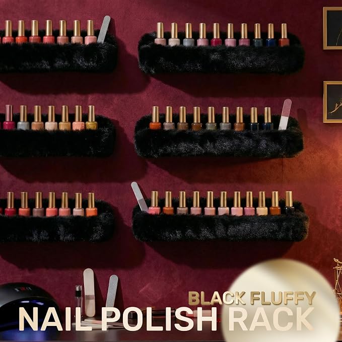 Wall-Mounted Nail Polish Organizer Rack - 15-Inch Plush Nail Polish Shelf, Makeup & Beauty Essentials Storage - Multi-Purpose Display Holder for Small Space, Vanity Bathroom, 6 Pack Black