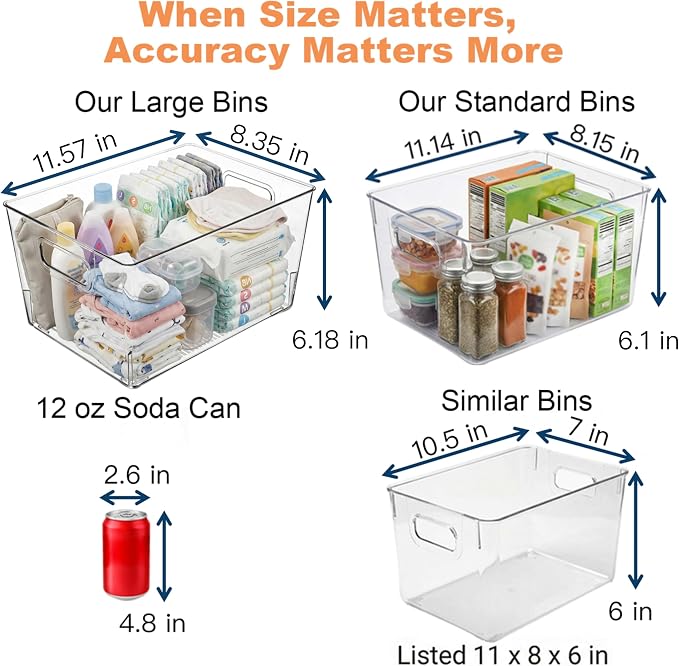 MOONEDGE 8 Pack Clear Plastic Storage Bins 12x8x6in Pantry Organizer | Large Pantry Storage Bins, Cabinet Containers for Under-Sink Storage, Kitchen, Fridge, Bathroom and Home Organization