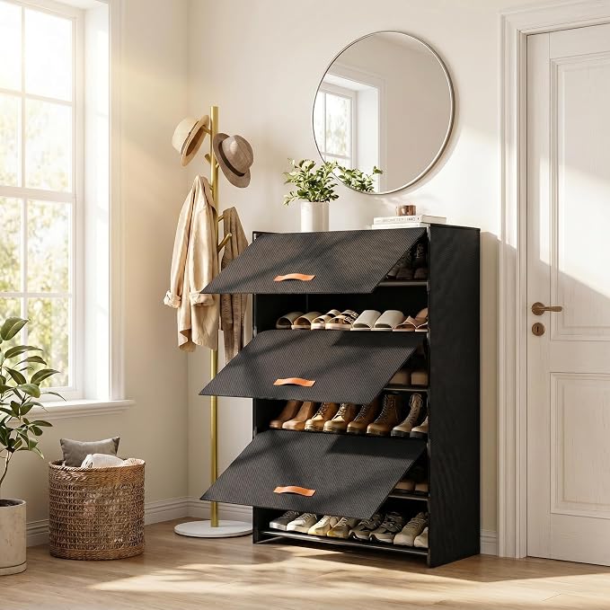 6-Tier Shoe Storage Cabinet with Fabric Cover, Hard Flip Doors, Holds 18–24 Pairs, Enclosed Dustproof Shoe Rack Organizer for Entryway, Closet & Bedroom, Shoe Shelf, Black, 27.8" x 12.0" x 41.9"