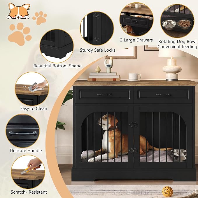 Merax 43.3" Farmhouse Dog Crate Furniture with Rotating Bowls & Drawers – Wooden Indoor Pet Kennel Side Table with Metal Bars – Stylish Dog House for Medium to Large Breeds, Black & Brown