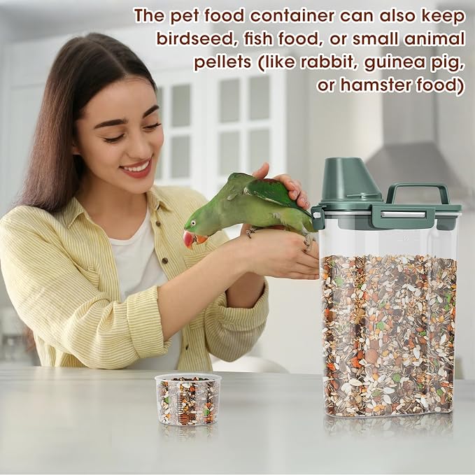 TBMax Small Dog Cat Food Storage Containers 2 Pack, Travel-Friendly Pet Food Container with Spout & Measuring Cup, Portable Pet Feeding Dispenser, Bird Seed Container-Dark Green