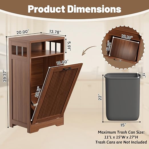 Pet-Proof Single 13 Gallon Tilt Out Trash Can Cabinet with Open Storage – Hide Garbage & Recycling Bins to Keep Your Kitchen Clean and Organized,Walnut