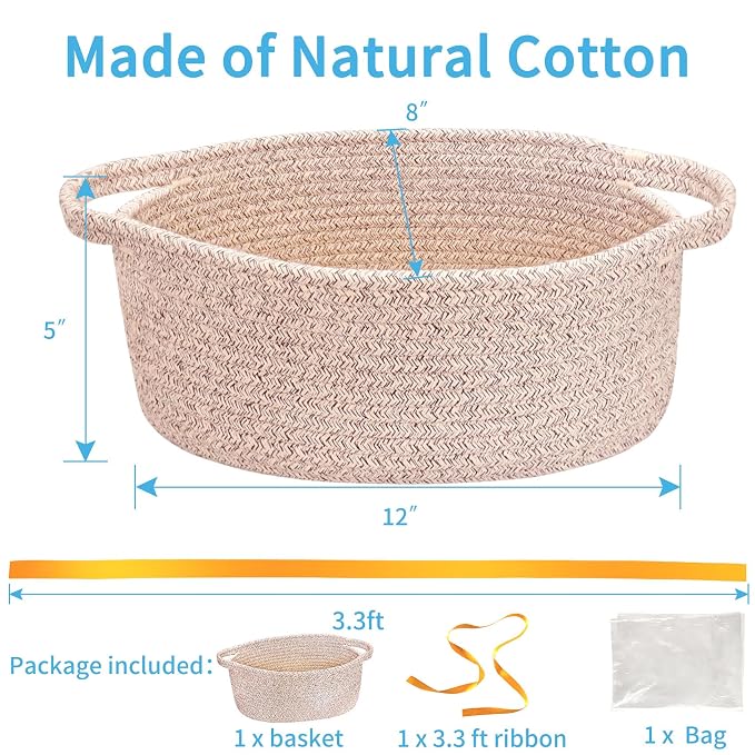 ABenkle Small Basket Empty Gift Basket, Decorative Boho Rope Woven Nursery Storage Organizer Dog Toy Baskets for Baby Showers Christmas Easter with Gift Bags and Ribbons, 12"X 8" X 5"