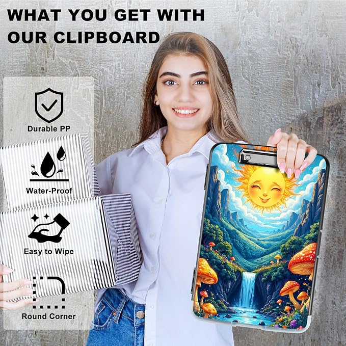 A4 Clipboard with Storage Pen Holder, Clipboards Organizer Nursing Clipboard Foldable File Folder Plastic Clipboard Folio Clip Board for Office Work Classroom Doctor, Stream Sun Mushroom