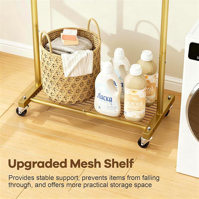 MISSLO Heavy Duty Clothes Racks for Hanging Clothes 25mm Metal Gold Clothing Rack with Shelves for Storage Rolling Garment Rack with Wheels for Bedroom, Laundry, Gold, 28" x 15.5" x 60"