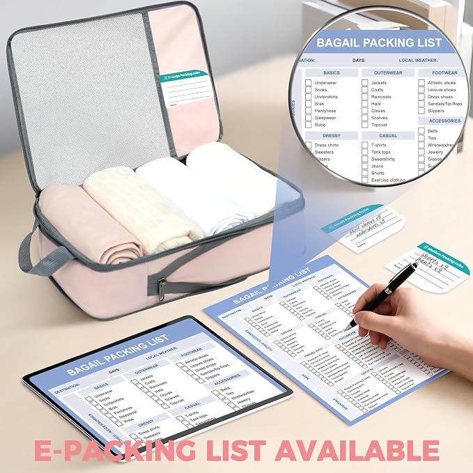BAGAIL Lightweight Compression Packing Cubes for Travel, 6 Set, Pink | Salis Nylon Fabric,Anti-Tearing,Save Space,SBS Zippers,Packing List,PVC Tag Pocket,Custom Labels,Visible Mesh,Portable Handel