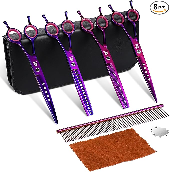 Dream Reach Dog Grooming Scissors - 7" Professional 6 in 1 Pet Scissors Sharp and Durable Shears Set Thinning, Chunker, Straight, Curved Shears and Comb for Dog Cat Pets, Purple
