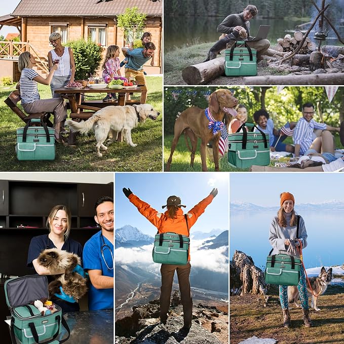 BAGLHER Dog Travel Bag for Supplies - Double-Layer Airline Approved Weekend Pet Travel Organizer Set for Dog and Cat Tote with 2 Pet Food Containers and 2 Collapsible Silicone Bowls Green