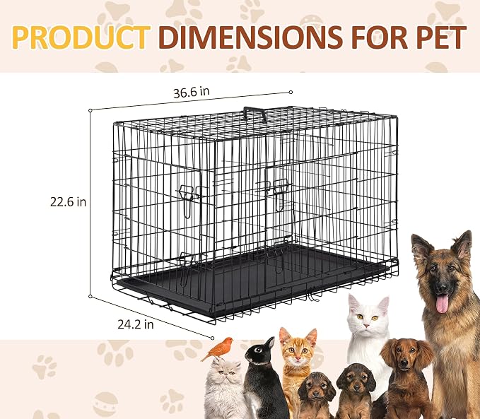 36IN Double Door Dog Crate - Foldable Metal Wire Kennel with Divider Panel | Portable Dog Kennel with Leak-Proof Tray & Secure Latch for Indoor, Outdoor, Travel, Durable & Easy to Assemble