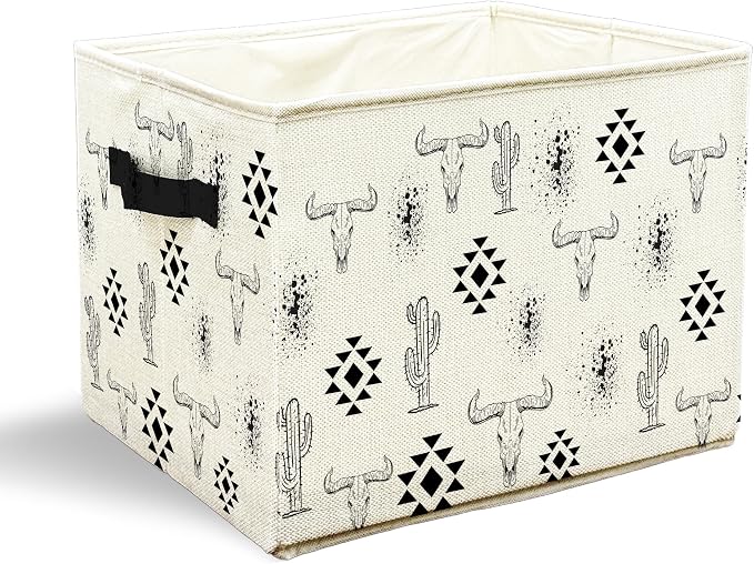 Western Storage Bins with Handles, Western Room Decor, Southwest Country Aztec Cactus Bull Skull Collapsible Laundry Basket Storage Box for Home Bedroom Bathroom Clothes Toys Books