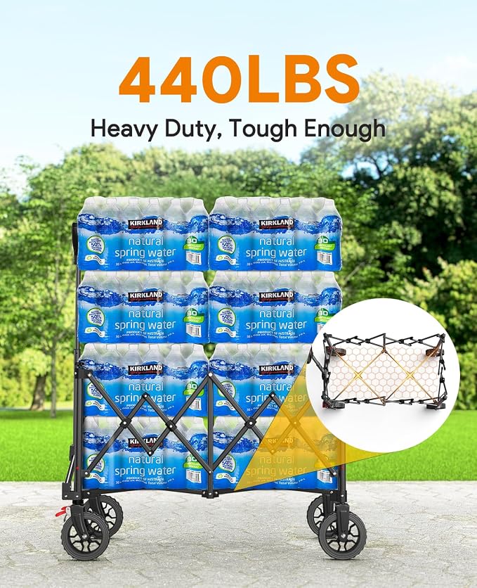 Collapsible Wagon Cart with Wheels, 440LBS for Grocery Shopping Camping | 200L Capacity Wagons Carts Foldable,Heavy Duty Foldable Wagon,Portable Utility Carts for Camping Grocery Garden Shopping