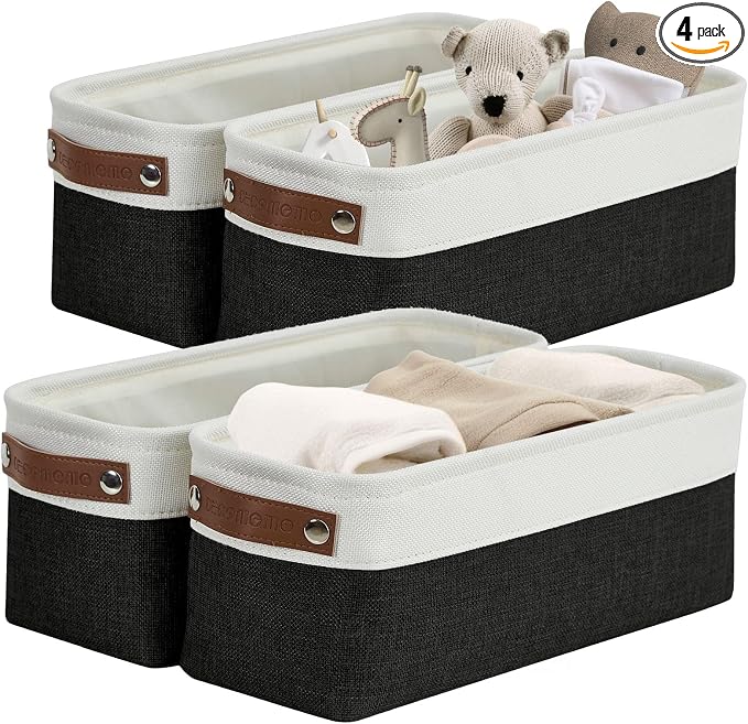 DECOMOMO Narrow Storage Bins, Small Storage Baskets for Shelves 4 Pack | Baskets for Organizing Bathroom, Toilet Tank, Gifts (Black and White)