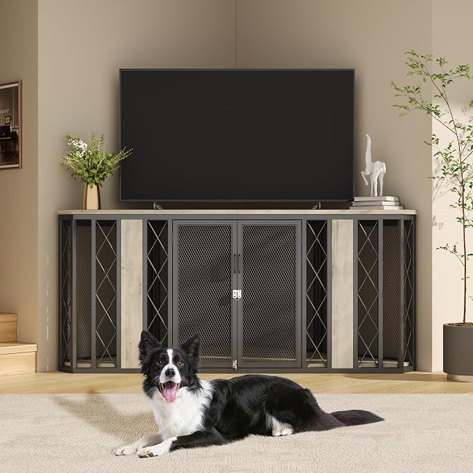 Spacesea XL Corner Dog Crate Furniture, 67" Wooden Corner Dog Kennel, End Table & TV Stand, Chew-Proof, Large Breed Dog Cage for Living Room, Grey