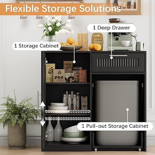 13 Gallons Pull Out Trash Can Cabinet with Storage, Black | Fluted Kitchen Trash Cabinet with Adjustable Shelf & Drawer, Hidden Wood Pet Proof Trash Can Holder for Laundry, Living Room