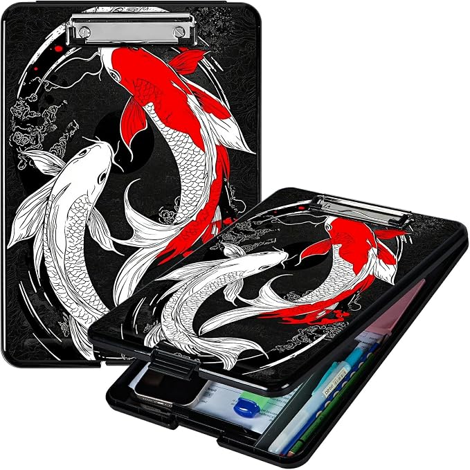 Red White Fish A4 Clipboard with Storage Pen Holder, Clipboards Organizer Nursing Clipboard Foldable File Folder Plastic Clipboard Folio Clip Board for Office Students Classroom Doctor