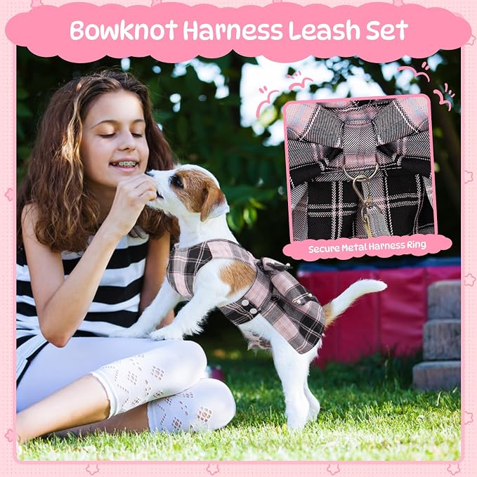 Coppthinktu Plaid Dog Dresses for Small Dogs Girl Bowknot Harness Leash Set