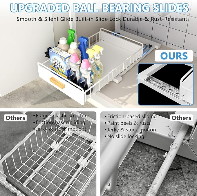 Under Sink Organizer Kitchen - Upgraded Professional Rails, 2 Tier Dual Pull Out Cabinet Storage, Height Adjustable Under Sink Storage, Metal Sliding Drawer for Kitchen & Bathroom, White, 1 Pack