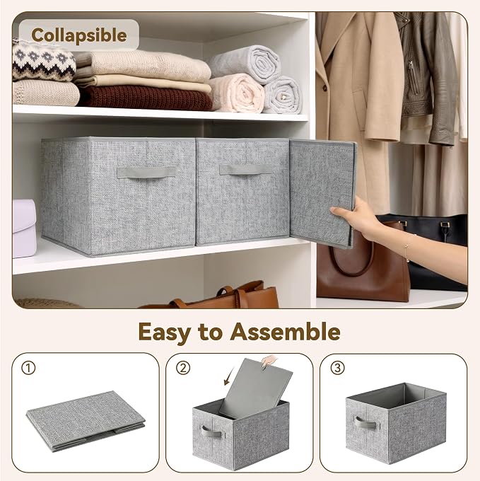 GRANNY SAYS Closet Storage Bins with Handles, Gray, Medium, 3-Pack | Storage Baskets for Organizing, Fabric Bins for Clothes, Closet Organizer Bins, Collapsible Cloth Bins