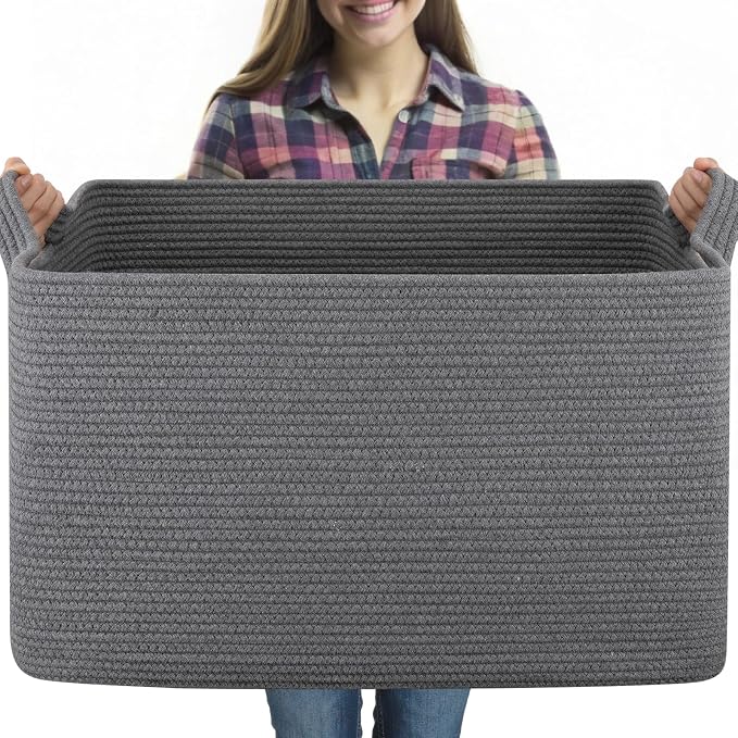 OIASKET 95L Extra Large Blanket Basket, 24" x 16.9" x 14.2" Woven Storage Basket for Living Room, Nursery Blanket Storage for Toys, Towels, Dirty Clothes (Grey)