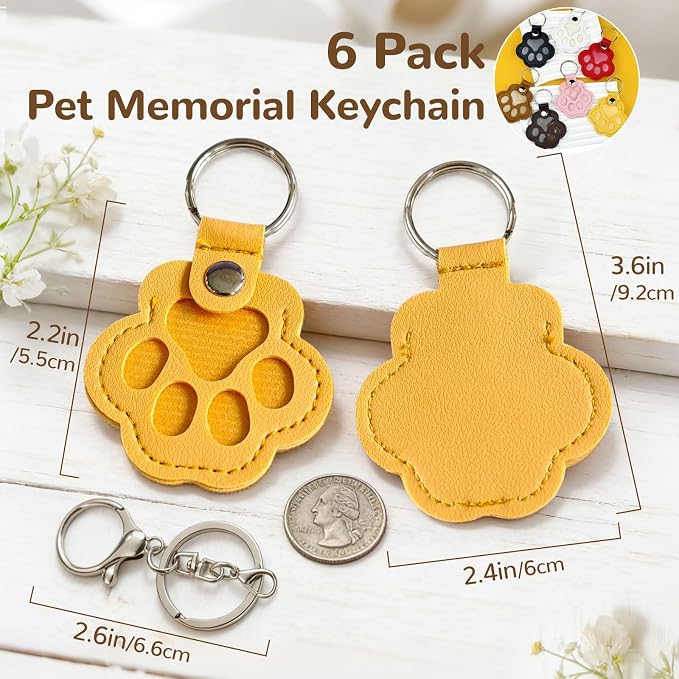 6 Pack Pet Fur Keepsake Keychain, Paw Shaped Leather Cat & Dog Hair Keepsake, Dog Hair Storage Cat Fur Collector Sympathy Memorial Gift for Loss of Pets, Pet Lover Commemorative Keyring