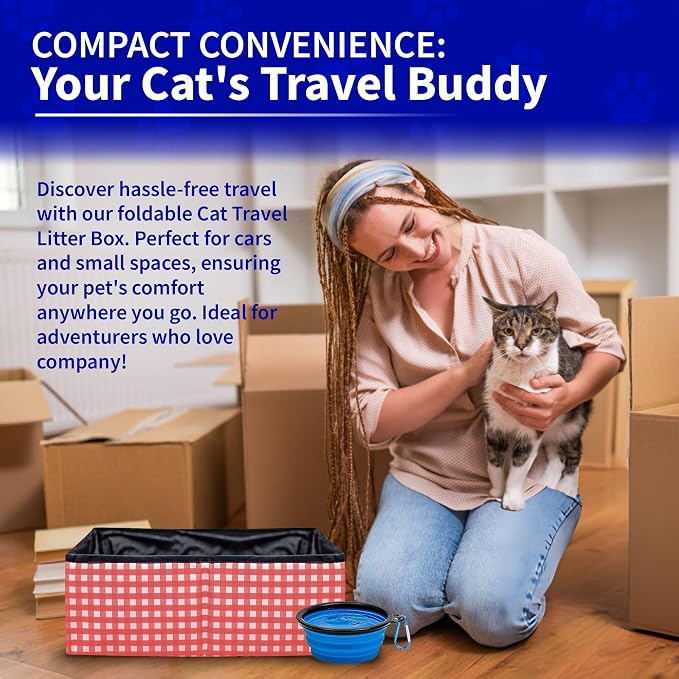 Pet Fit For Life - Vibrant Collapsible Travel Cat Litter Box - Portable, Foldable, Compact Design with Bonus Water Bowl - Ideal for Car & Camping - Reusable, Cats Safe - Coral, (16"x12"x5")