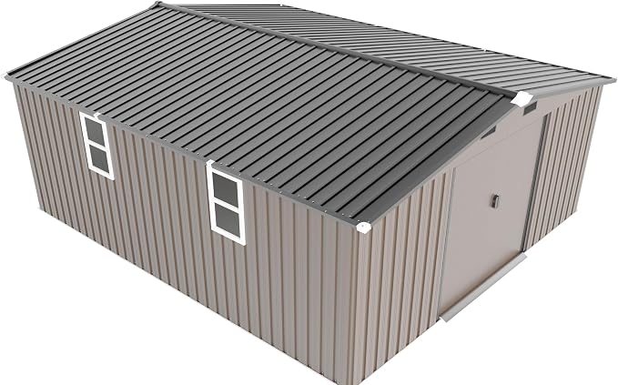 10x12 FT Outdoor Metal Storage Shed, Large Storage Shed with Two Daylight Windows, Outdoor Tool Shed with 0.23mm Color Steel Plate and Surface Protective Film, Brown