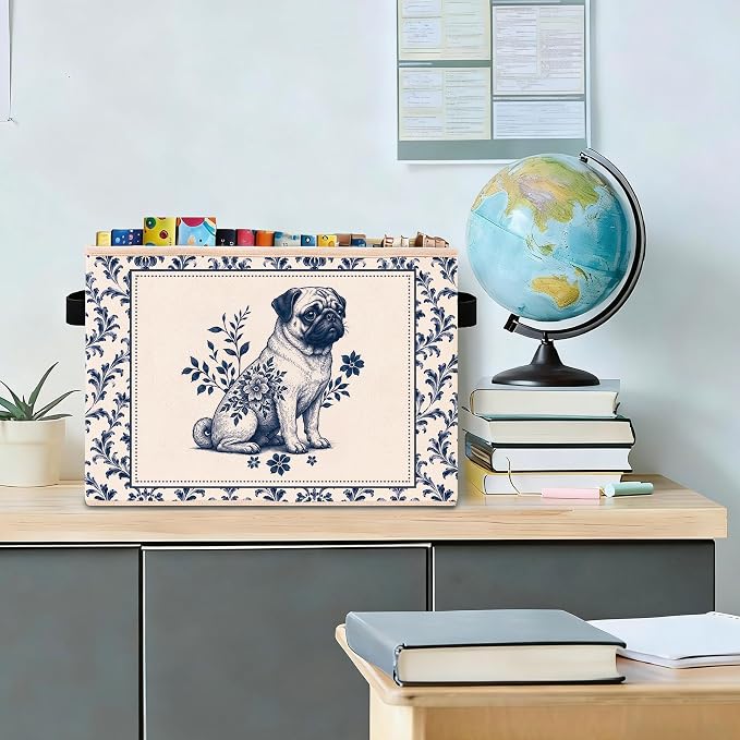 Blue Floral Pug Storage Bin, Foldable Fabric Organizer | Vintage blue floral pug storage bin for toys, books, clothes, pet supplies, bedrooms, nurseries, shelves, and closets.