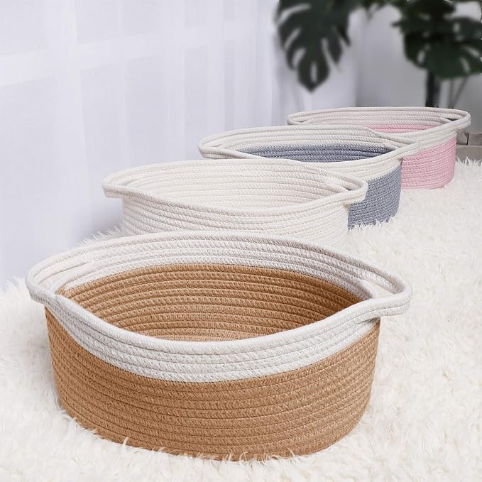 ABenkle Small Basket with Handles, Boho Decorative Rope Woven Dog Cat Toy Storage Bin Shelf Storage Organizer, Easter Christmas Gift Basket, 12"x8"x5", Brown