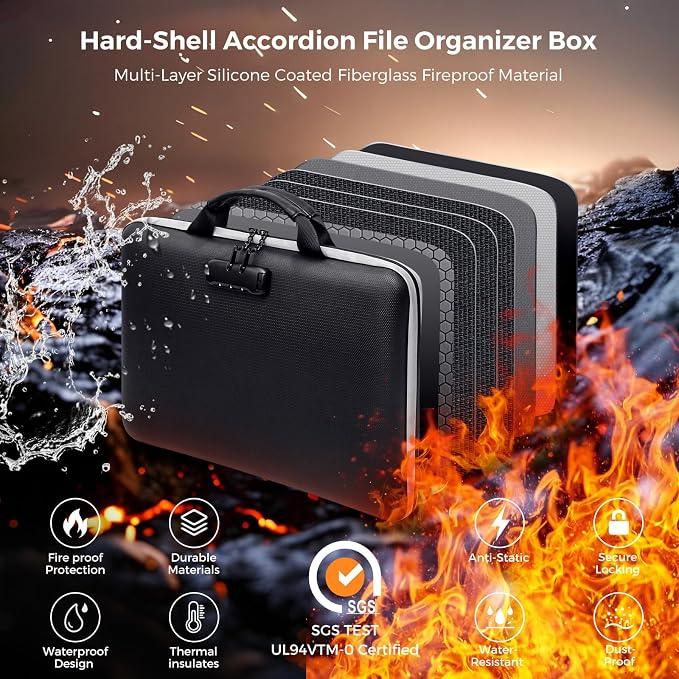 Fireproof Document Box,Hard Case Fireproof File Organizer with Lock 13 Pocket Accordion File Folder Reflective Zipper Portable Safe Box for Home Office Travel to Storage Important Documents Laptop