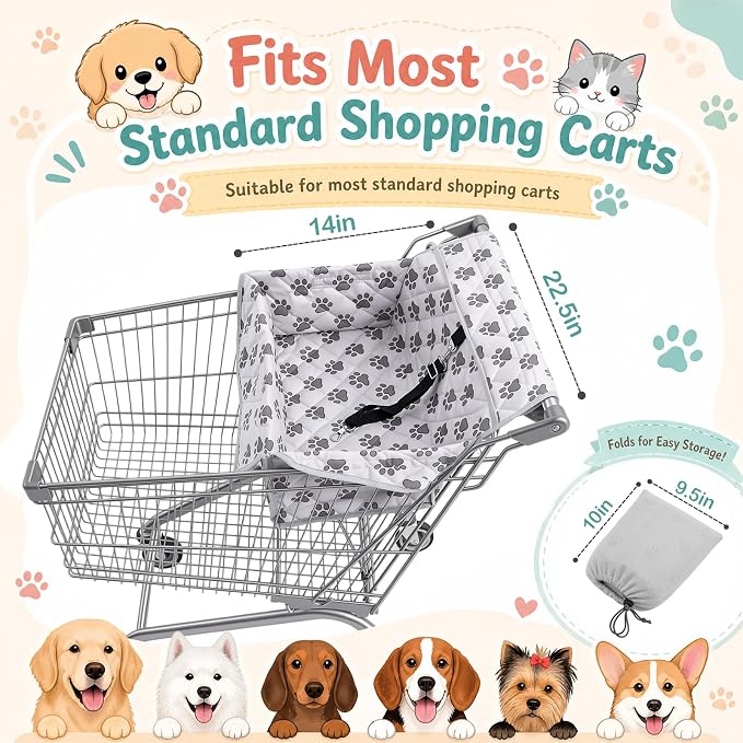 Gerrii Shopping Cart Cover for Dogs, Grocery Cart Seat with Safety Harness, Durable Waterproof Oxford Fabric, Universal Fit Liner with Storage Bag, Portable & Easy to Clean
