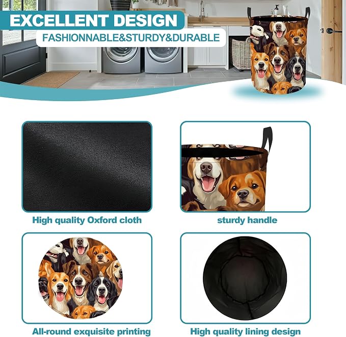 Cute Puppy Dog Faces Dirty Clothes Hamper,Foldable Laundry Basket with Handles,Pet Lover Waterproof Oxford Cloth Storage Bin for Bedroom Bathroom Nursery,16 x 20 Inch
