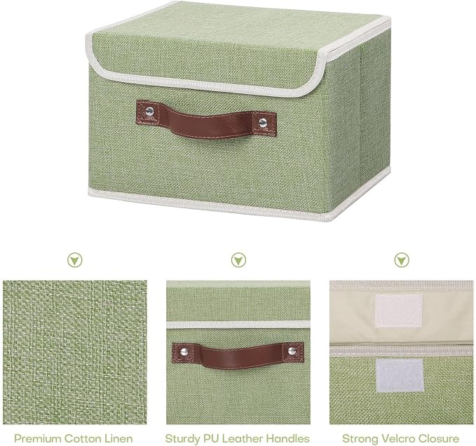 ANMINY Fabric Storage Box Bins with Lids, Green, 10"x8"x7", 4 Pack | Keepsake Memory Storage, Cotton Linen, PP Board Reinforced, Washable, PU Handles, Foldable & Stackable, Decorative, Small