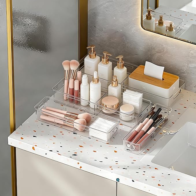 8 Pcs Expandable Drawer Organizer, Adjustable Desk Drawer Organizer with Dividers, 4-Sizes Plastic Storage Bins for Makeup, Kitchen, Bathroom Vanity, Office & Gadgets Drawer