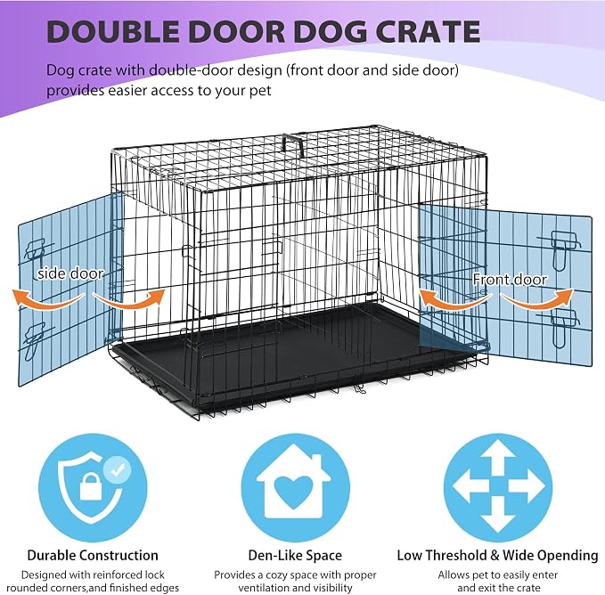 BestPet | Dog Crate | 30" | Black | Foldable Metal Kennel with Double Doors | Secure Slide-Bolt Latches, Leakproof Tray | Portable Dog Cage for Small Breeds | for Travel, Indoor & Outdoor Use