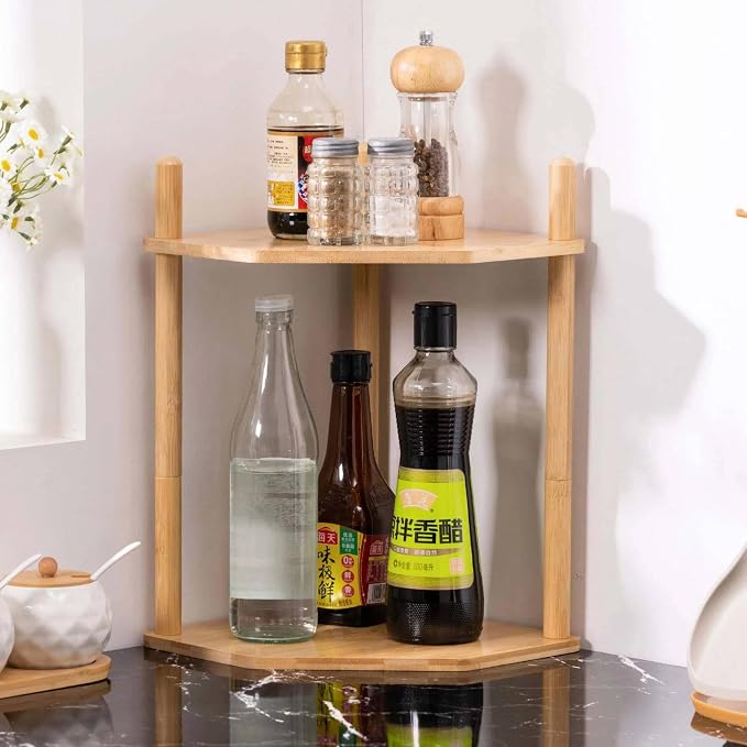 2-Tier Extra Tall Bamboo Corner Shelf, Kitchen Countertop Wine Bottle Organizer, Corner Counter Storage Rack for Pantry, Spice & Wine Organizers and Storage