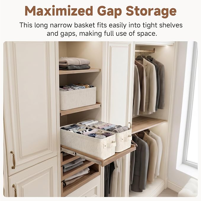 StorageWorks Narrow Storage Bins, Toilet Paper Storage, Beige, 2-Pack | Cotton Linen Fabric, With Metal Frame, Sturdy Structure, Reinforced Handles, Small Baskets for Bathroom, Closet, Shelf