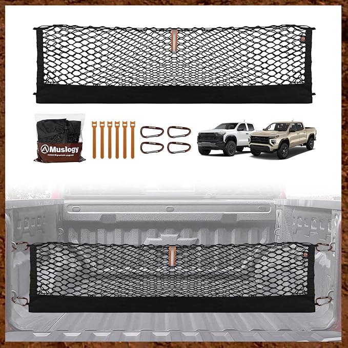 Muslogy Cargo Net for 2023-2025 2026 Chevrolet Colorado & GMC Canyon | Custom Fit, Truck Bed Storage Organizer Net for Pickup Truck Bed Divider, Heavy Duty Carabiners, Night Visible Grab Handle