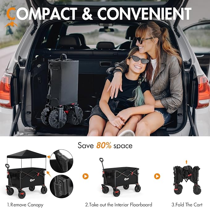 Portal 350L Collapsible Wagon Cart with Removable Canopy, 270LB Cart Black | Collapsible Wagon Cart with Removable Canopy Folding with Rear Door for Pet, Camping, Beach, Sports and Outdoor Adventures