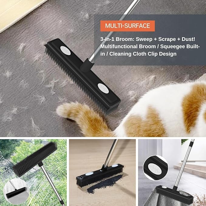 Carpet Rake Reusable Pet Hair Remover Rubber Broom with Squeegee for Pet Hair Removal Tool 59" Long Handle Cat and Dog Hair Remover for Area Rugs, Carpet, Hardwood Floor, Tile