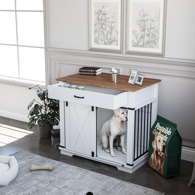 37.8'' Dog Crate Furniture with Storage Drawer, Decorative Wooden Dog Kennel with Sliding Barn Door, Indoor Water Resistant Cage for Pet, Small, Medium, Large Dog (White)