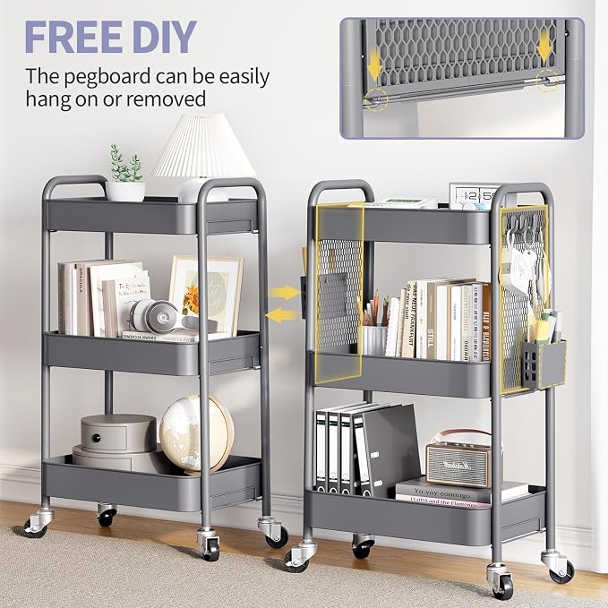 TOOLF 3 Tier Rolling Cart, Metal Utility Storage Cart with Pegboard, Grey | 2 Bins & 4 Hooks, Screwless Assembly, Lockable Wheels, Trolley Organizer for Bathroom, Kitchen, Office, Dorm, Craft Room