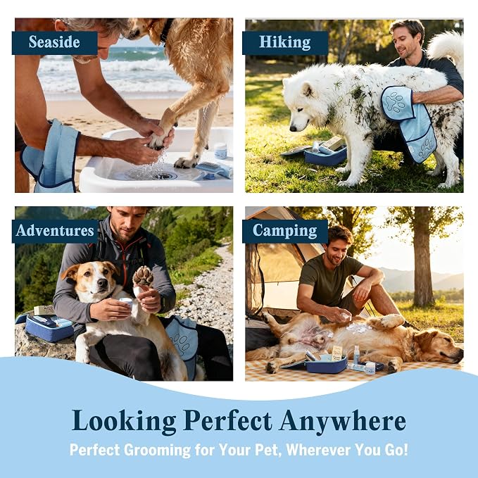 FlyDog The Rover Pet Travel Bag - 11 Piece Dog Grooming Kit with Shampoo, Conditioner, Paw Cream, Toothpaste & Toothbrush, and More, Dog Camping Essentials for Hiking and Outdoor Adventures