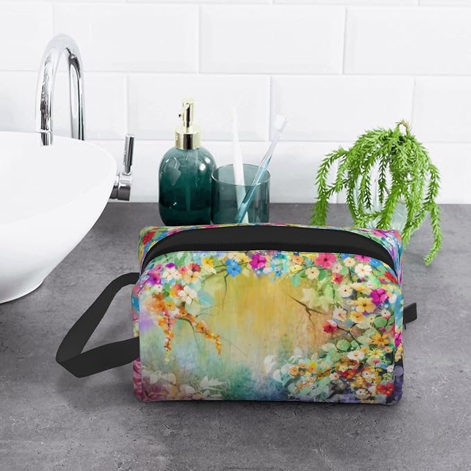 Bright Flowers Makeup Bag Watercolor Floral Cosmetic Bag | 600D Oxford Fabric, Shockproof Foam Padded, Travel Cosmetic Organizer, For Gym & Daily Use, 10x6.2x4.9 Inch