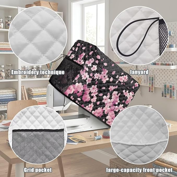 Sewing Machine Cover Polyester Febric Falling Cherry Blossom Print | Dust Pet Hair Protection,Quilting Design,Fits Standard Singer,Brother Janome Machines,Protecting Decorating Your Sewing Space