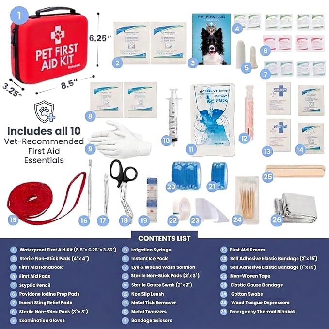 Dog First Aid Kit - Vet Approved Emergency Supplies - Pet First Aid Kit Guide, Tick Remover, Slip Leash & Medical Essentials for Home, Camping, Car, RV, Travel (Travel + Essential 2-Pack)