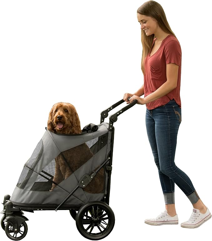 Pet Gear No-Zip Excursion Pet Stroller, Dark Platinum | Dual Entry, Push Button Zipperless Entry, For Single or Multiple Dogs/Cats, Gel-Filled Tires