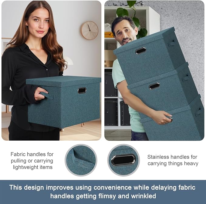 Storage Bins with Lids Fabric Closet Organizers Cubes Office Organization | 36 Quart 3 Pack Blue-Green Collapsible Stackable Linen Fabric 4 Handles Bedroom Closet Cabinet Under Bed Clothes Toy Office