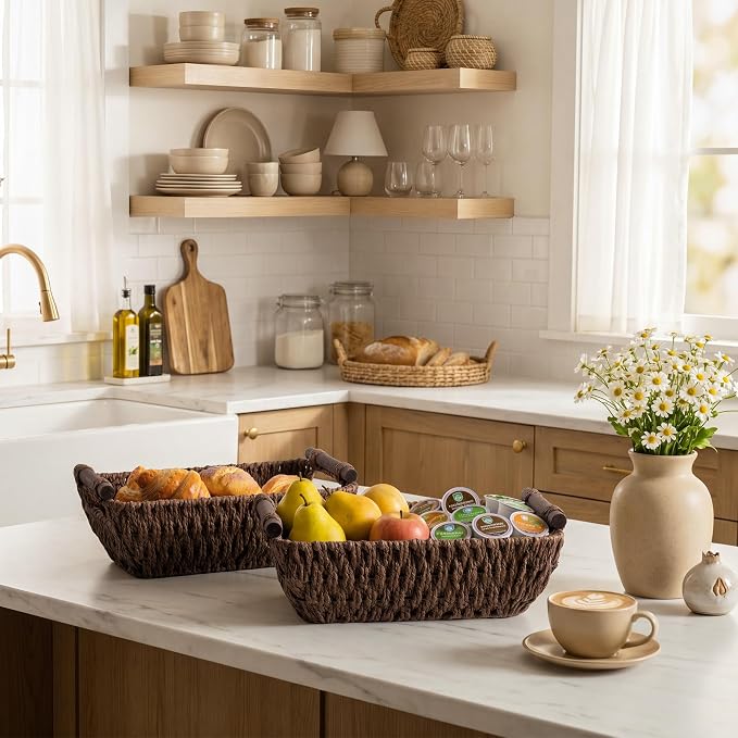 StorageWorks Small Baskets for Organizing, Woven Basket for Shelves | Wicker Storage Baskets for Shelves, Baskets with Wooden Handles, 2-Pack Gifts Basket for Home Decor, Hand-Woven Basket
