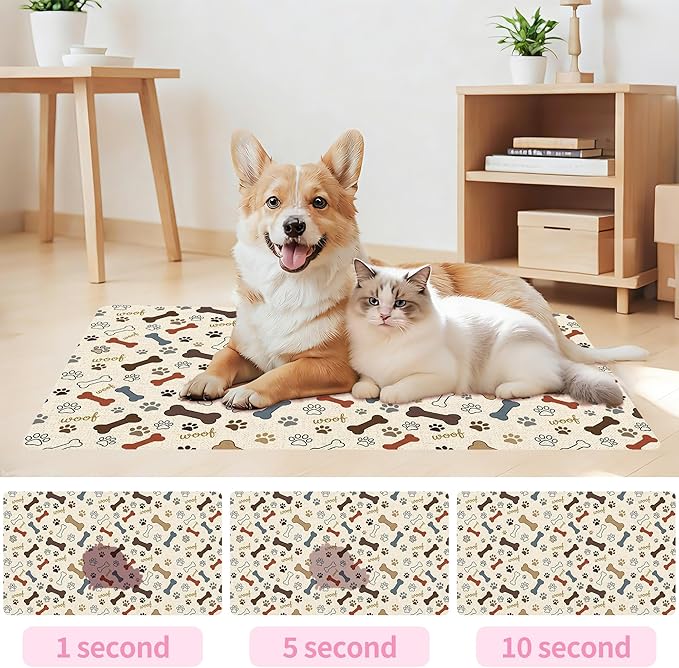 Dog Feeding Mat 30 x 17 Inch, Neutral Paw Bone Woof Dog Placemat Absorbent Quick-Dry for Food and Water, Waterproof Non Slip Rubber Pet Bowl Pad Mat for Floors
